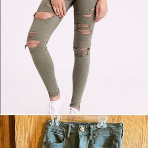 ripped jeggin ae, olive color super stretch